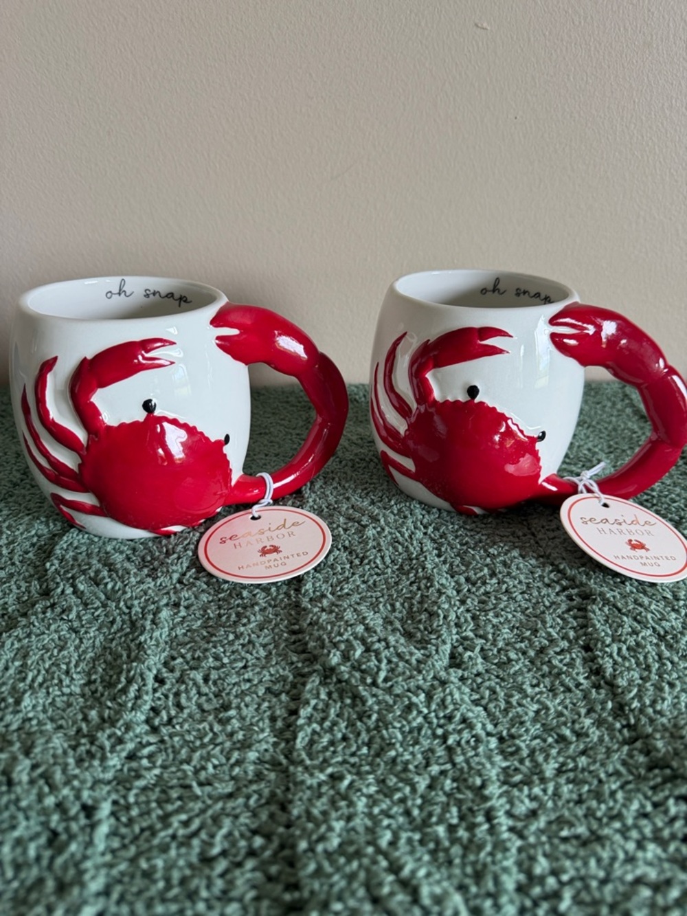 Sunday Morning Seaside Harbor Nautical Crab 🦀 Mugs Red Set of 2 NEW!